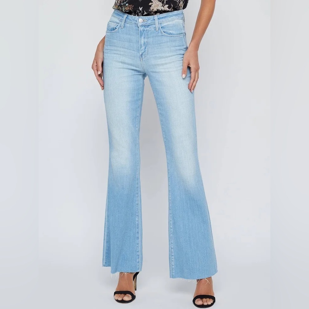 L’AGENCE Sera High Rise Flare Jeans 27 Blue Cloud Light Wash Raw Hem - Picture 14 of 15